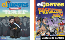 Comparación revista argentina El Jueves de portada falsa al lado izquierdo y en el derecho la real.