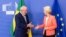 European Commission President Ursula von der Leyen, right, greets Brazil's President Luiz Inácio Lula da Silva prior to a meeting at EU headquarters in Brussels, July 17, 2023. 