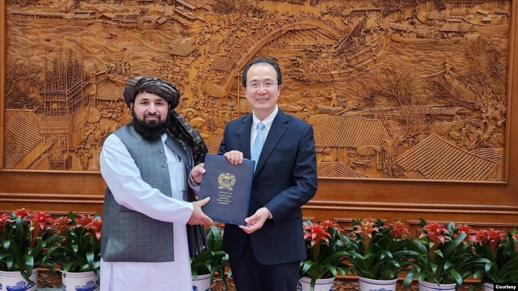 在塔利班提供的这张照片中，新任命的塔利班大使卡里米2023年12月1日在北京向 中共外交部礼宾司司长洪磊递交国书副本。