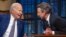Presiden AS Joe Biden (kiri) dan Seth Meyers dalam rekaman acara "Late Night with Seth Meyers" di New York City, 26 Februari 2024. (Jim WATSON / AFP)