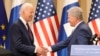 Finland's President Sauli Niinisto, right, shake hands with U.S. President Joe Biden in Helsinki, Finland, Thursday, July 13, 2023. 