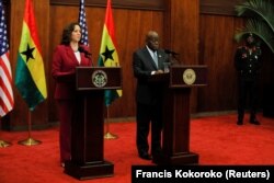 FILE - U.S. Vice President Kamala Harris and Ghana's President Nana Akufo-Addo address the press during her week-long trip to Ghana, Tanzania and Zambia, in Accra, Ghana March 27, 2023