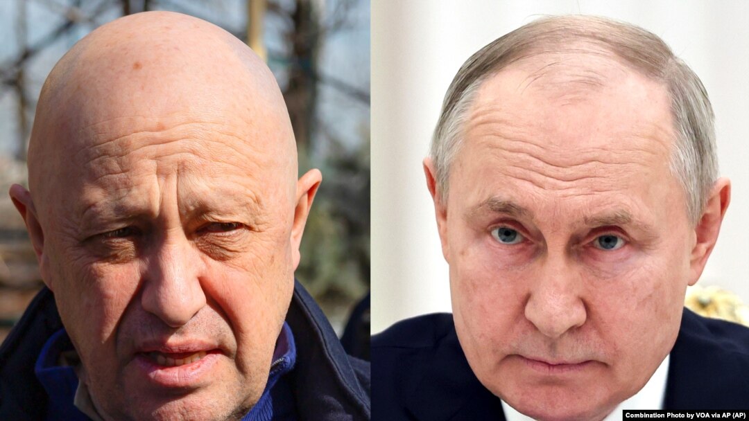 Евгений Пригожин и Владимир Путин (Фото: AP) Коллаж: Русская служба «Голоса Америки»