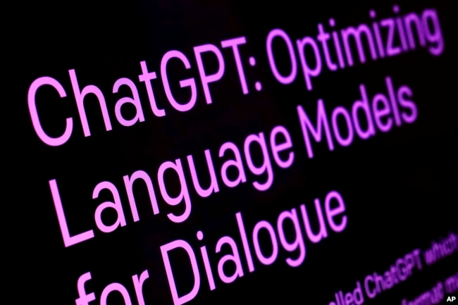 FILE - Text from the ChatGPT page of the OpenAI website is shown in this photo, in New York, Feb. 2, 2023. (AP Photo/Richard Drew, File)