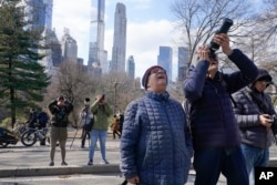 FILE — A crowd gathers in New York's Central Park to look at Flaco, a Eurasian eagle-owl, Feb. 6, 2023. In the year since his dramatic escape, Flaco has become one of the city's most beloved characters.