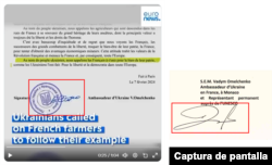 Comparación de la firma del embajador en la misiva viral, izquierda, y en un documento oficial francés, derecha.