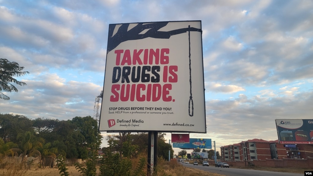 A billboard warns of the dangers of drug use, in Harare, Zimbabwe, June 25, 2024. (Columbus Mavhunga/VOA)