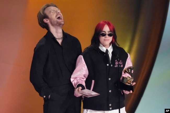 Finneas, left, and Billie Eilish accept the award for song of the year for "What Was I Made For?" during the 66th annual Grammy Awards on Sunday, Feb. 4, 2024, in Los Angeles. (AP Photo/Chris Pizzello)