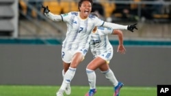 Philippines' Sarina Bolden reacts after scoring her team's first goal during the Women's World Cup Group A soccer match between New Zealand and the Philippines in Wellington, New Zealand, July 25, 2023. 