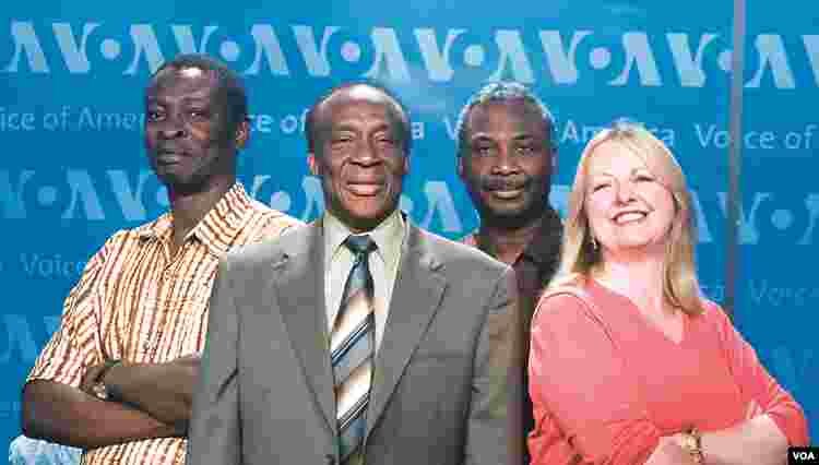 Nightline Africa broadcasters from left to right: Douglas Mpuga, Ted Roberts, and others.&nbsp; VOA&#39;s Kim Lewis hosting Africa News Tonight in 2006.&nbsp;