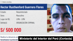 Perú ofrece una recompensa por información para capturar al "Niño Guerrero", jefe de la organización criminal "El Tren de Aragua". Captura de pantalla del Programa de Recompensas del Perú.