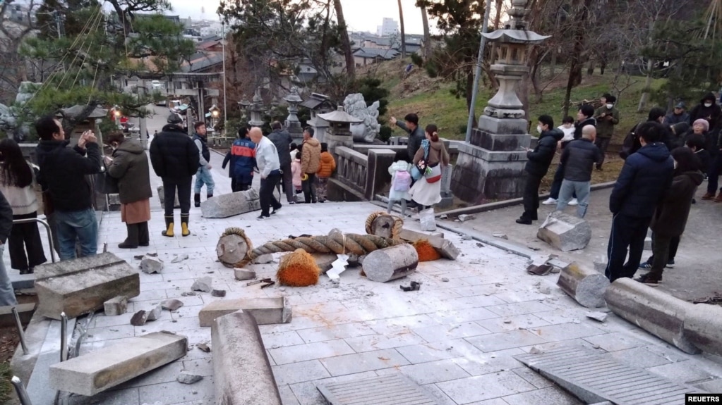 Collapsed torii gate caused by an earthquake is seen at Onohiyoshi Shrine in Kanazawa, Ishikawa prefecture, Japan January 1, 2024, in this photo released by Kyodo. 