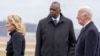 First lady Jill Biden, left, and President Joe Biden walk past Secretary of Defense Lloyd Austin on Feb. 2, 2024, during the casualty return for the three service members killed in a drone strike at an American base in Jordan earlier in the week. 