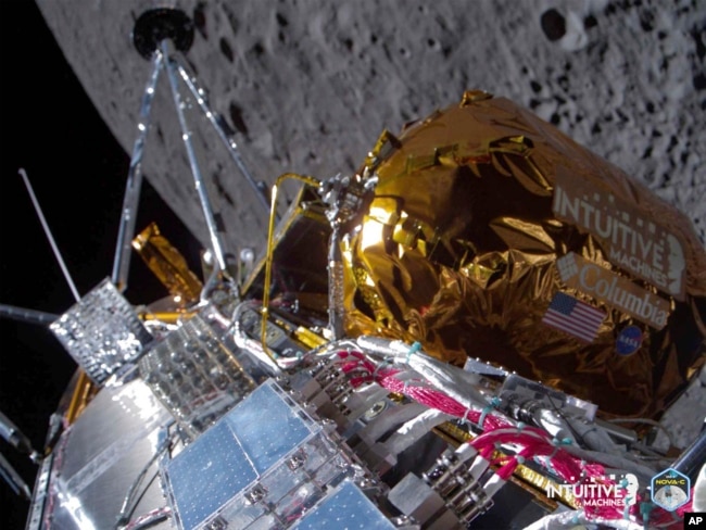 This image provided by Intuitive Machines shows its Odysseus lunar lander over the near side of the moon following lunar orbit insertion, Feb. 21, 2024. The lander guided itself to the surface Feb. 22.