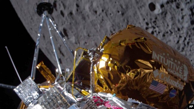 This image provided by Intuitive Machines shows its Odysseus lunar lander over the near side of the moon following lunar orbit insertion, Feb. 21, 2024. The lander guided itself to the surface Feb. 22. (Intuitive Machines via AP)