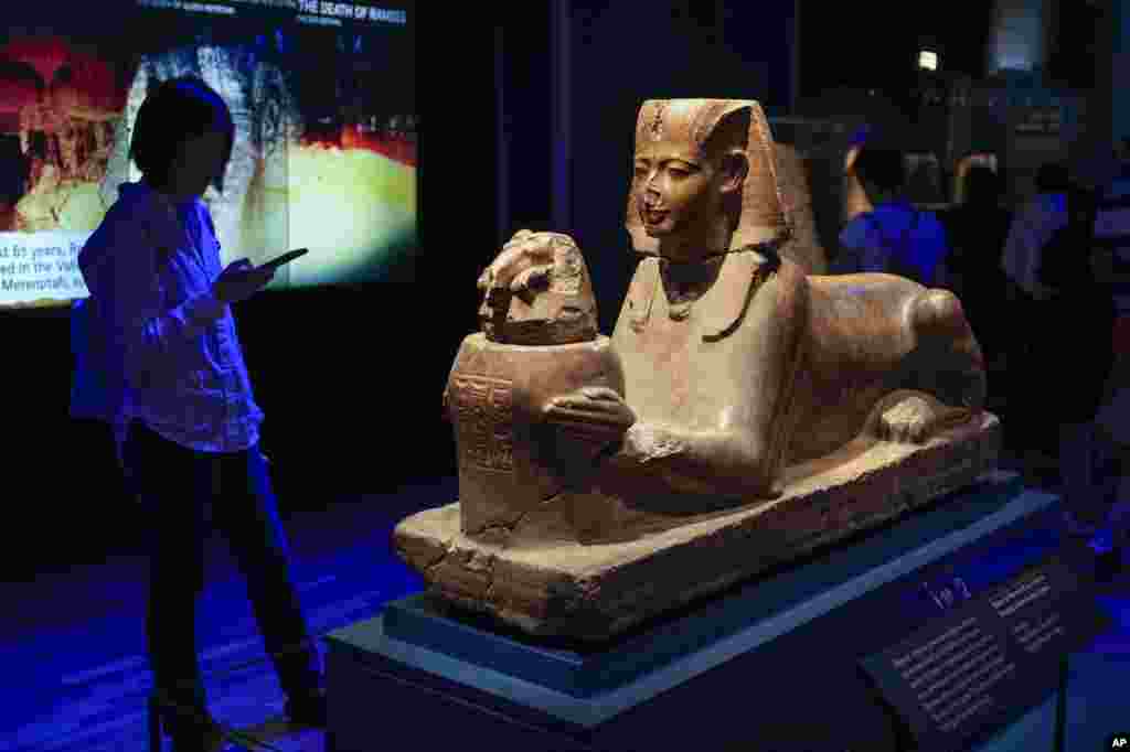 A visitor takes a photo of a statue of Ramses II as Sphinx offering a ram-headed vessel as part of the exhibition titled "Ramses & the Gold of the Pharaohs," at the Australian Museum in Sydney, Australia, Tuesday, Nov. 21, 2023.