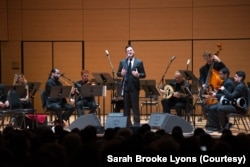 The Takht Ensemble with members of the National Arab Orchestra (NAO) perform onstage. (Courtesy NAO/Sarah Brooke Lyons)