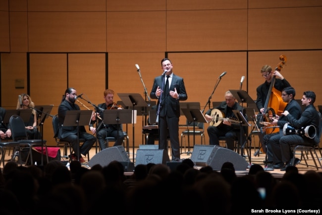 The Takht Ensemble with members of the National Arab Orchestra (NAO) perform onstage. (Courtesy NAO/Sarah Brooke Lyons)