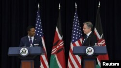 Kenya's Foreign and Diaspora Affairs Cabinet Secretary Alfred Mutua, left, and U.S. Secretary of State Antony Blinken hold a joint news conference at the State Department in Washington, April 24, 2023