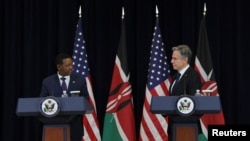 Kenya's Foreign and Diaspora Affairs Cabinet Secretary Alfred Mutua, left, and U.S. Secretary of State Antony Blinken hold a joint news conference at the State Department in Washington, April 24, 2023