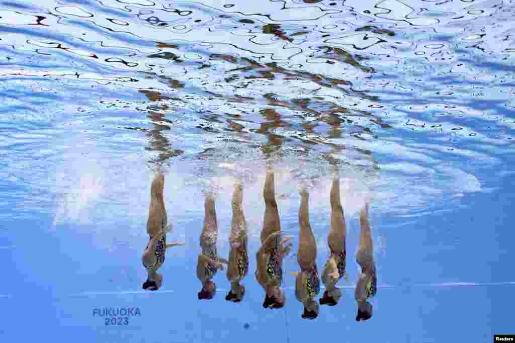 Greece competes in the final of the women&#39;s team technical artistic swimming event during the World Aquatics Championships in Fukuoka, Japan.