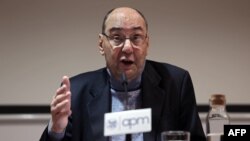 Former leader of Spain's main right-wing political party in Catalonia and co-founder of far-right party Vox, Alejo Vidal-Quadras, holds his first press conference since he was shot in the head last November, in Madrid on Feb. 23, 2024.