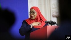 Tanzanian President Samia Suluhu Hassan gestures during a press conference with U.S. Vice President Kamala Harris (not seen) in Dar es Salaam, Tanzania, March 30, 2023.