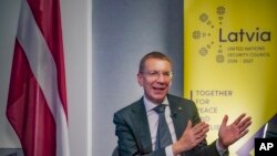 Latvia's President Edgars Rinkēvičs speaks during an interview at Latvia's US Mission, Nov. 9, 2023, in New York. 