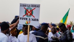 FILE— A supporter of the Alliance Of Sahel States holds a placard reading 'down with ECOWAS, long live [the alliance]' during a rally to celebrate Mali, Burkina Faso and Niger leaving the Economic Community of West African States (ECOWAS) in Bamako on February 1, 2024. 