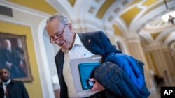 Senate Majority Leader Chuck Schumer, D-N.Y., arrives at the Capitol in Washington, Feb. 11, 2024.