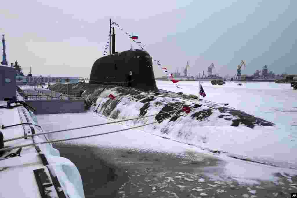 The newly-built nuclear submarine The Krasnoyarsk is seen after a flag-raising ceremony at the Sevmash shipyard in Severodvinsk in Russia&#39;s Archangelsk region.