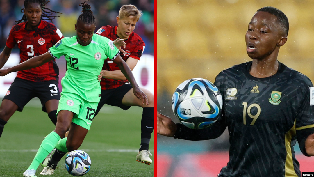 Nigeria's Uchenna Kanu (L) and South Africa's Kholosa Biyana (R) dribble the ball during their 2023 FIFA Women's World Cup opening matches.