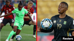 Nigeria's Uchenna Kanu (L) and South Africa's Kholosa Biyana (R) dribble the ball during their 2023 FIFA Women's World Cup opening matches.