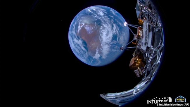 This image provided by Intuitive Machines shows its Odysseus lunar lander with the Earth in the background on Feb. 16, 2024. The image was captured shortly after separation from SpaceX's second stage on Intuitive Machines' first journey to the moon. (Intuitive Machines via AP)