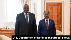 U.S. Secretary of Defense Lloyd J. Austin III with President of Somalia Hassan Sheikh Mohamudat in Djibouti, Sept. 24, 2023. 