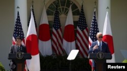 U.S. President Joe Biden and Japanese Prime Minister Fumio Kishida hold a joint press conference in the Rose Garden at the White House in Washington, April 10, 2024.