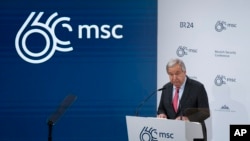 United Nations Secretary General Antonio Guterres speaks during the Munich Security Conference at the Bayerischer Hof Hotel in Munich, Germany, Feb. 16, 2024. That same day, he called for an investigation into the reported death of jailed Russian opposition leader Alexey Navalny.