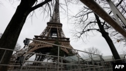 This photograph shows the empty lines in front of the Eiffel Tower during a strike of the Eiffel Tower's staff, over the financial management of the monument by the city, in Paris, Feb. 20, 2024. 