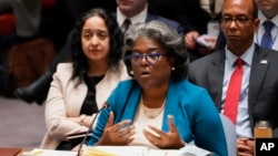 FILE - Linda Thomas-Greenfield, U.S. ambassador to the United Nations, speaks during a meeting of the Security Council, April 24, 2023, at U.N. headquarters in New York.