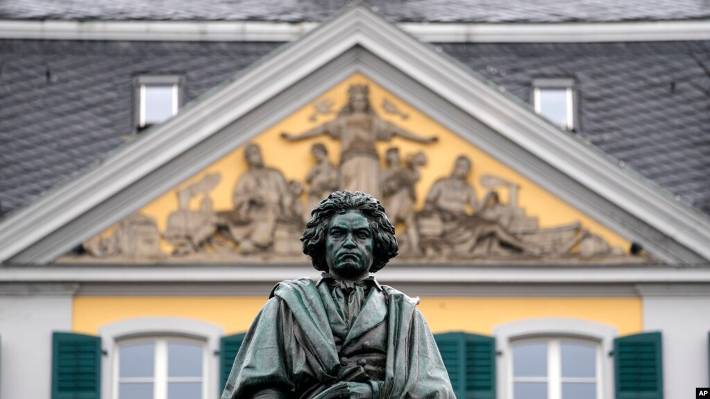 A statue of world famous composer Ludwig van Beethoven is stands in the city center of his birthplace Bonn, Germany, on Tuesday, March 21, 2023. (AP Photo/Martin Meissner)