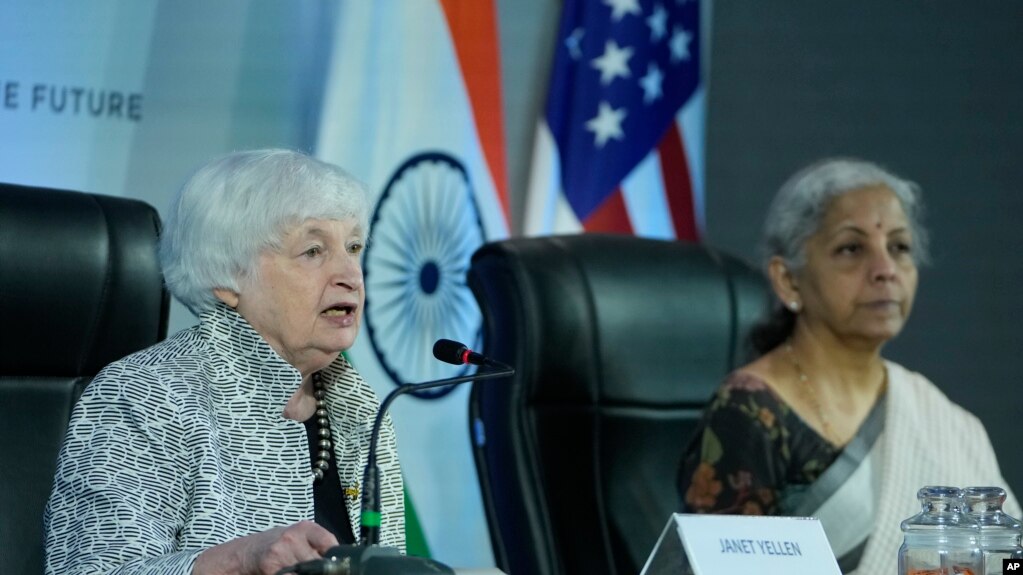 U.S. Treasury Secretary Janet Yellen, left and Finance Minister of India Nirmala Sitharaman address media during G-20's third Finance Ministers and Central Bank Governors (FMCBGs) meeting in Gandhinagar, India, July 17, 2023, under the Indian G20 Presidency.