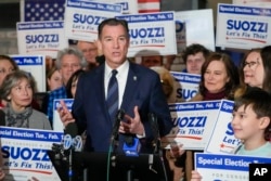 Former U.S. Rep. Tom Suozzi speaks during a campaign canvass kick off event, Feb. 11, 2024, in Plainview N.Y.