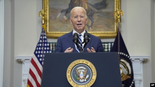 President Joe Biden delivers remarks on the death of Russian opposition leader Alexei Navalny, in the Roosevelt Room of the White House, Feb. 16, 2024, in Washington.