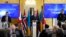 Britain's Defense Secretary Grant Shapps, center, takes part in a press conference with Norway's Minister of Defense Bjorn Arild Gram, left, and Vice Admiral Oleksii Neizhpapa of Ukraine, right, in London, Dec. 11, 2023. 