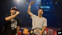 FILE - Victor Montalvo, also known as B-Boy Victor, from United States, right, wins the championship in the B-boy Red Bull BC One World Final at Hammerstein Ballroom, Nov. 12, 2022, in New York.