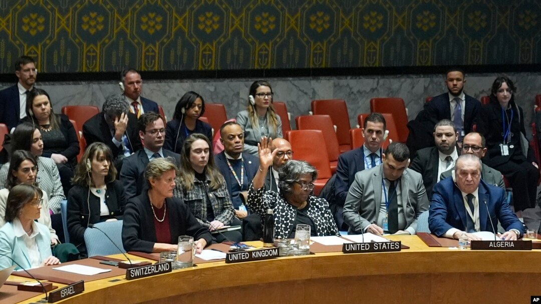Linda Thomas-Greenfield, United States Ambassador to the United Nations, center front, votes against a resolution concerning a ceasefire in Gaza during a Security Council meeting at United Nations headquarters, Feb. 20, 2024.
