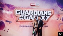 Actors Zoe Saldana and Chris Pratt pose at gala for the film Guardians of the Galaxy Vol. 3 at Disneyland Paris, April 22, 2023, in Chessy Marne La Vallee, east of Paris.
