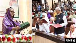 প্রধানমন্ত্রীর কার্যালয়ে, বরিশাল, খুলনা ও গাজীপুর সিটি কর্পোরেশন-এর নবনির্বাচিত মেয়র ও কাউন্সিলরদের শপথ অনুষ্ঠানে শেখ হাসিনা। ৩ জুলাই, ২০২৩। 
