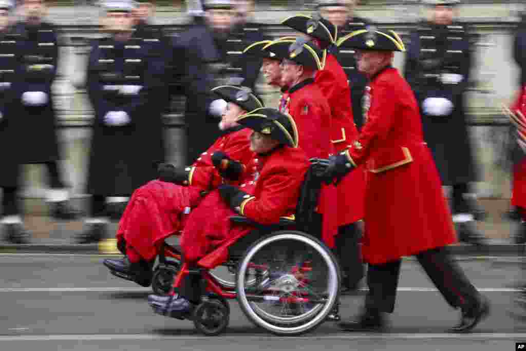 Chelsea pensioners attend the annual Remembrance Sunday ceremony at the Cenotaph in London.
