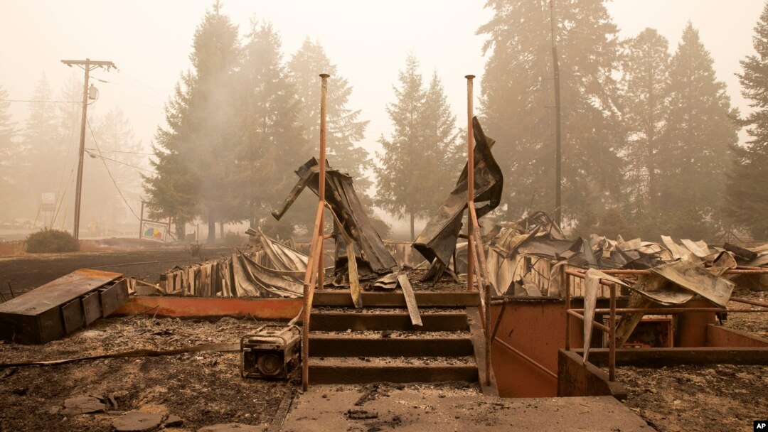 FILE - This Sept. 13, 2020, file photo shows what remains of the Oregon Department of Forestry, North Cascade District Office, after it was destroyed by a wildfire, in Lyons, Oregon.